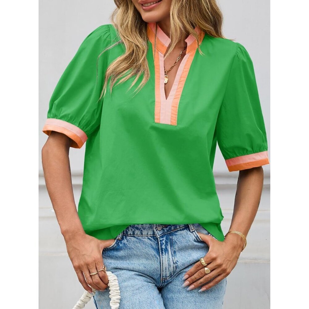 Women's Cotton Color Block Puff Sleeve V-Neck Blouse Casual Dressy Top - Picture 4 of 7